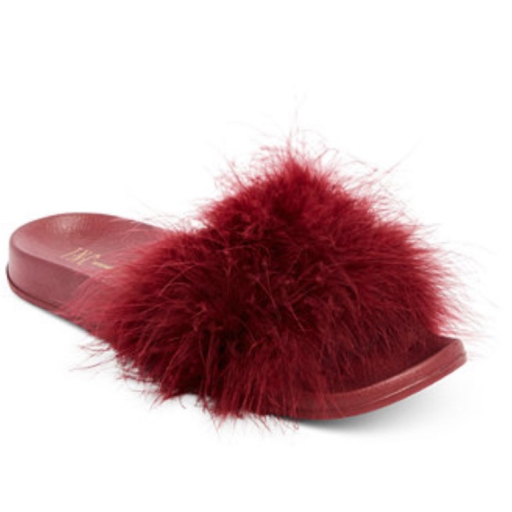 INC Faux-Marabou Slide Slippers in Red, Size XL 11/12 New w/Tag